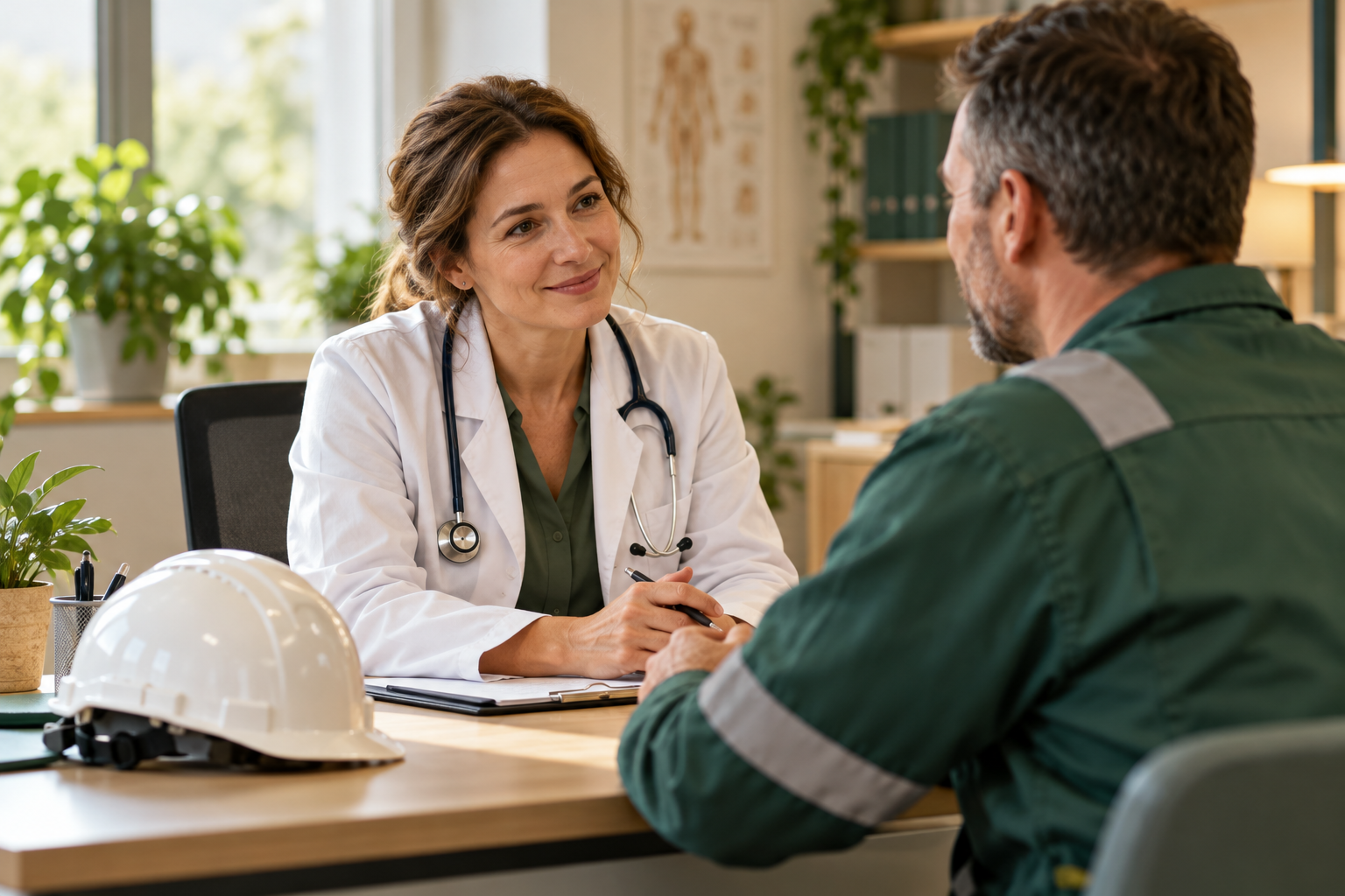 Médica do trabalho acolhe um trabalhador em consulta de saúde ocupacional